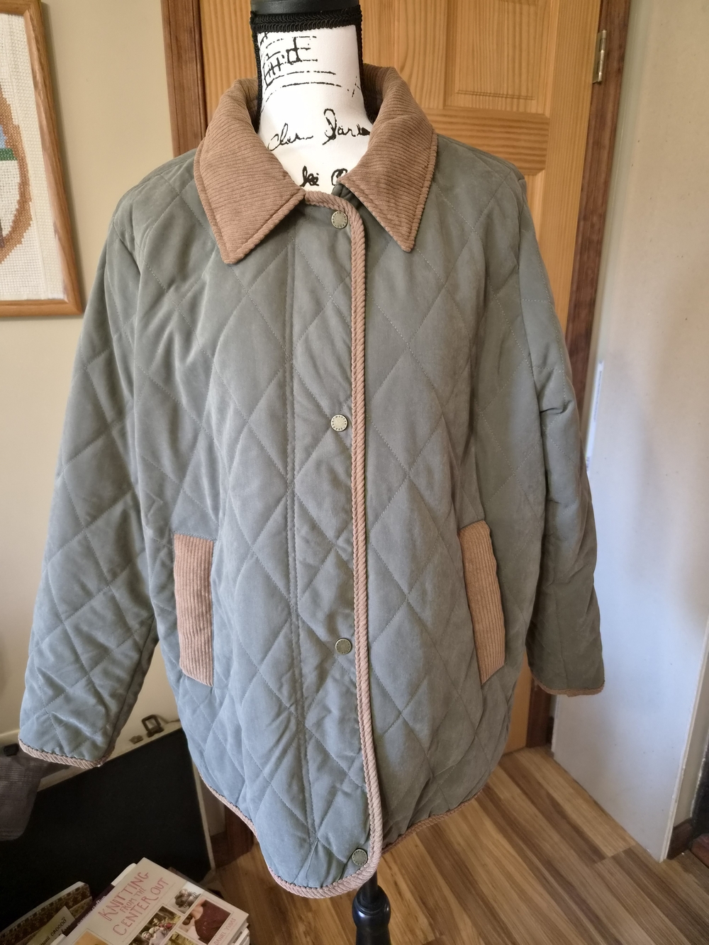 Quilted Sage Green Puffer Coat with Tan Corduroy Trim